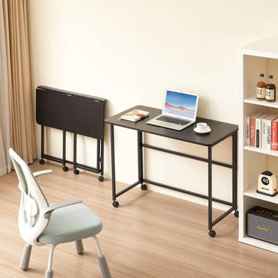 Desmond Foldable Writing Desk with Wooden Top, Shelf & Wheels by 17 Stories