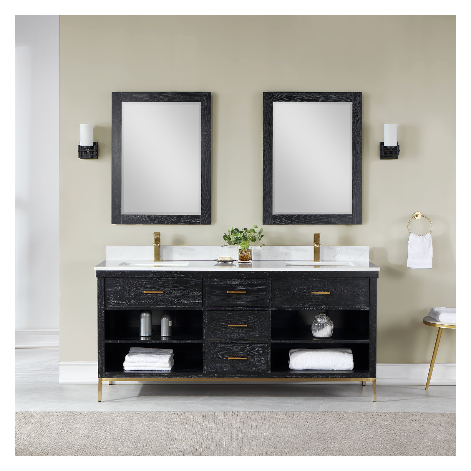 Kesia 72'' Double Bathroom Vanity, Black, Gold