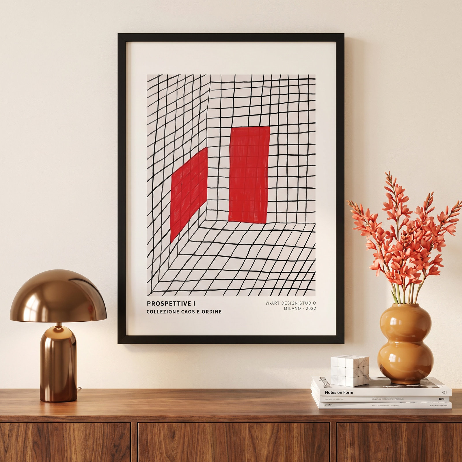 Red Perspective by Romina Gadler, 20" H x 14" W x 1.25" D, Black Framed Paper