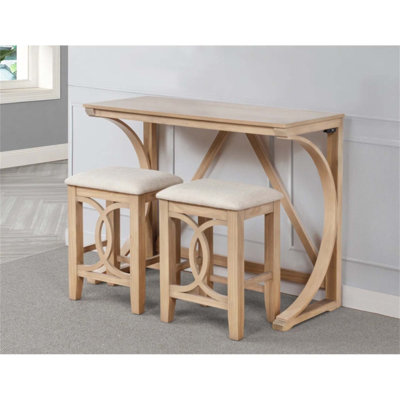 3-Piece Wood Counter Height Set with Dual-USB Ports, Space-Saving Foldable Table and Comfortable Cushioned Stools