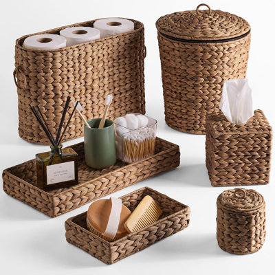 6PC Bathroom Accessories Set, Vanity Trays, qtip Canister, Square Tissue Box Cover, Small Wicker Trash Can, Toilet Paper Basket, Storage Organizer