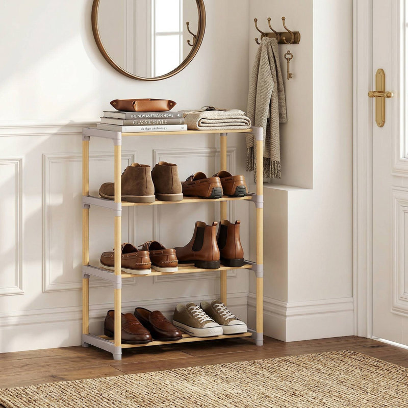 Range-chaussures en bois massif naturel à 4 niveaux, tablettes ouvertes à lattes respirantes, finition lisse et résistante aux égratignures, convenant à un vestibule ou à un couloir