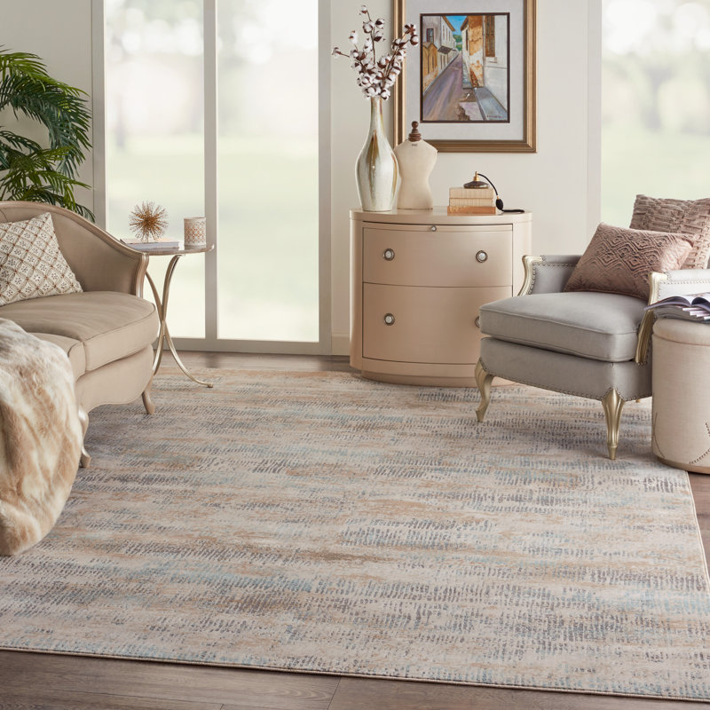Abstract Area Rug in Beige/Blue, Rectangle 4' x 6'