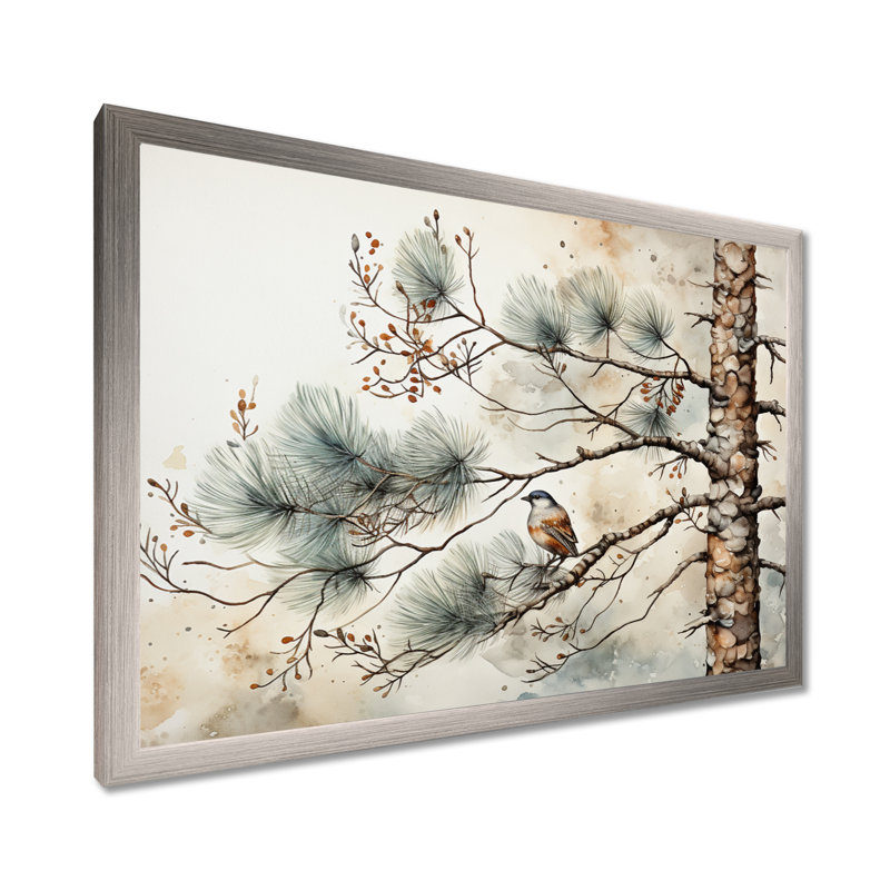 Décoration murale oiseau sur pin II, H 30 po x l 40 po x P 1,5 po, Cadre simple argenté
