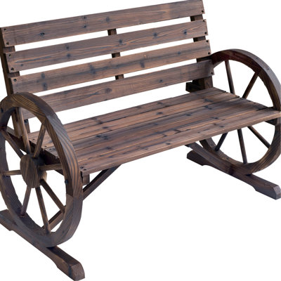 41" Rustic Wooden Wagon Wheel Bench, Outdoor Patio Furniture, , 2 Seat With , Solid Wood, Brown Bench For Outdoors, Weather Resistance And Seat, Fir Wood Build