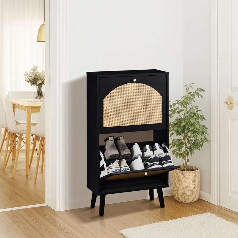 Armoire de rangement à chaussures en rotin, Noir, H 38,6 po x l 21,3 po x P 9,5 po