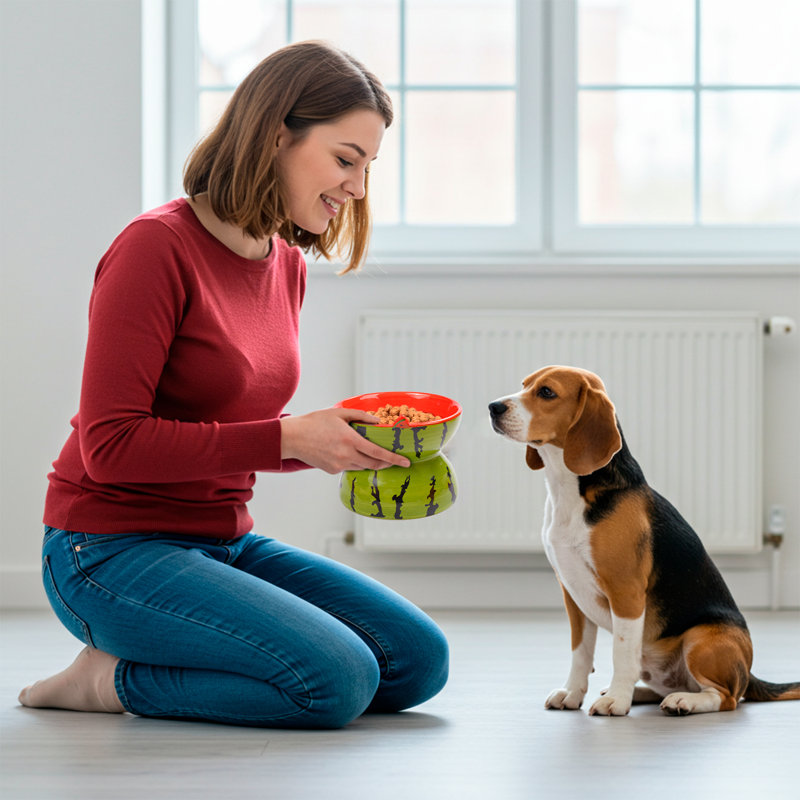 P.t. Supply Co. Watermelon Shaped Stoneware Elevated Pet Bowl, Raised Ceramic Food & Water Dish For Dogs And Cats