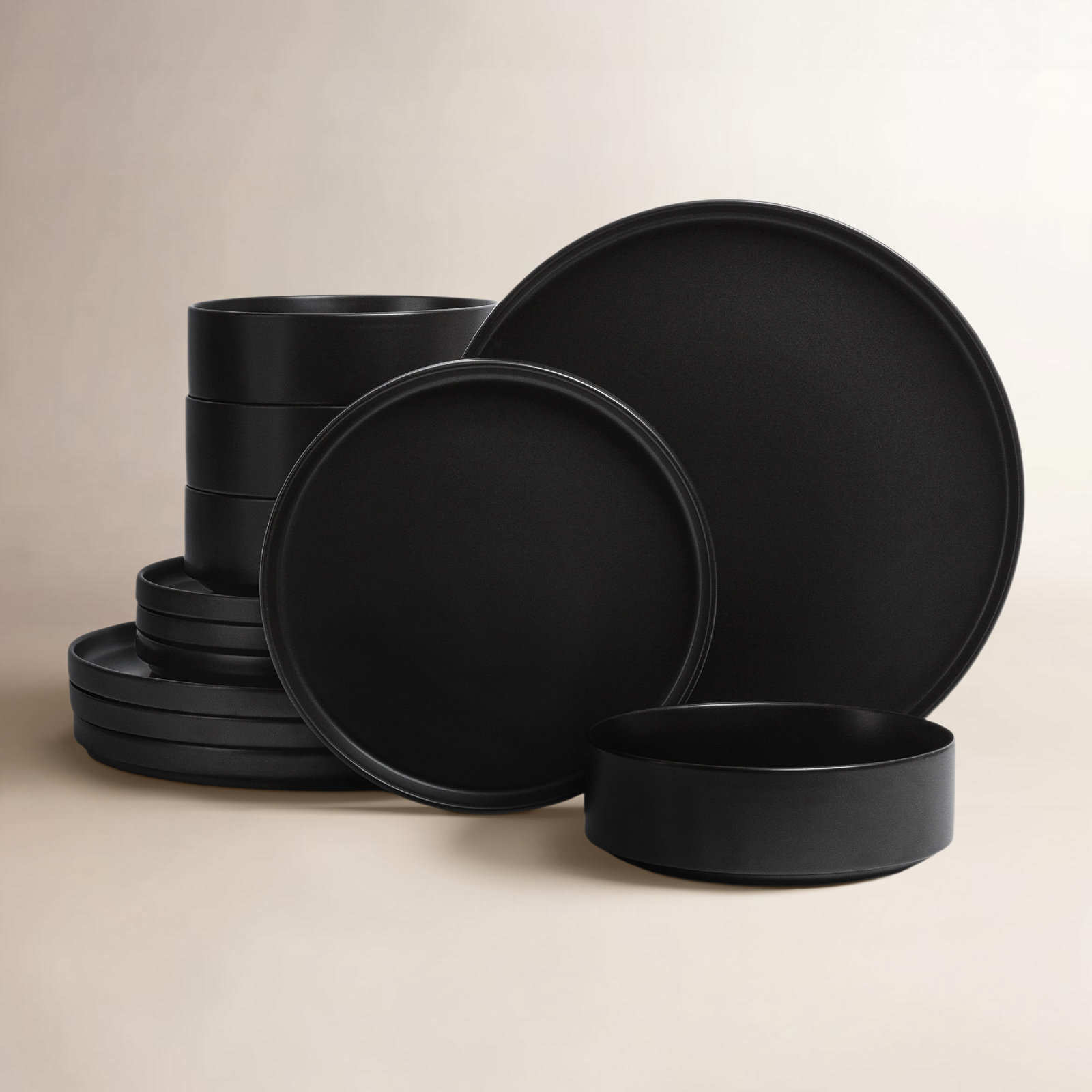 Stackable Stoneware Dinnerware Set, Black