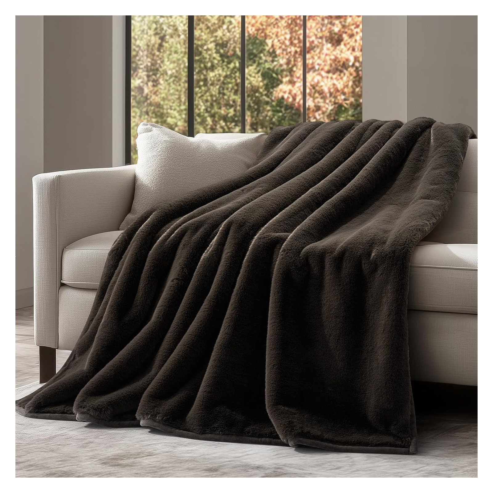 Luxury Mink Faux Fur Throw Blanket, 60" W x 80" L, Dark Brown