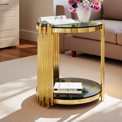 Table de bout moderne pour le salon, ronde, métal asymétrique, finition dorée et tablette inférieure, 19,8 po