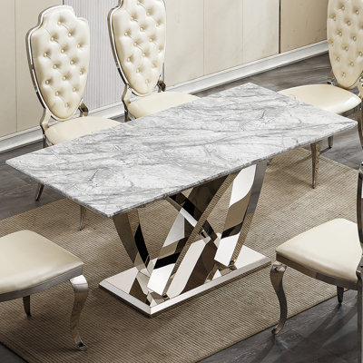 Table de salle à manger en marbre pour 6 personnes, table de salle à manger rectangulaire en faux marbre 70 po avec base en acier inoxydable à finition miroir, table de cuisine moderne en marbre de grande taille (argent, gris) (table unique)