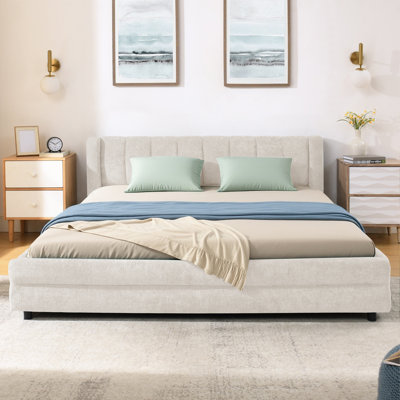 Grand lit tapissier moderne avec rangement, tissu chenille, beige