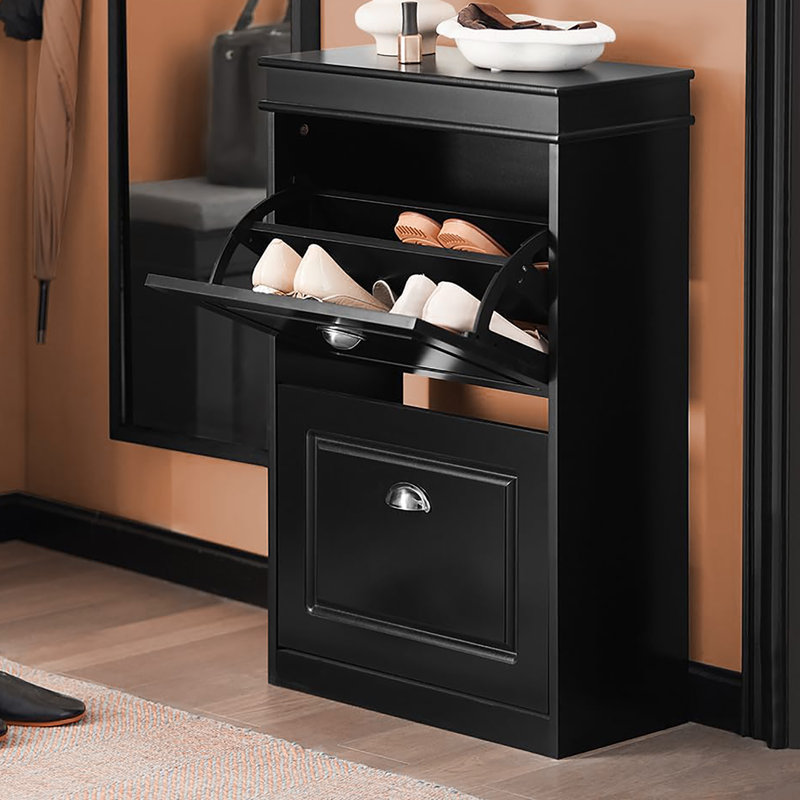 Small Shoe Cabinet with 2 Flip Drawers, A Freestanding and Practical Shoe Storage Organizer, Black