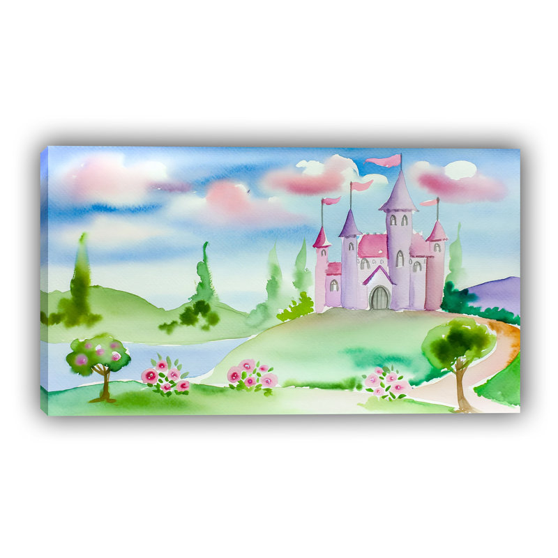 «Whimsical Watercolor Chateau: Dreamy Pastel Castle», reproduction sur toile, H 24 po x l 42 po