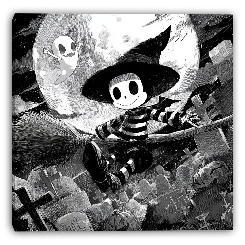 Art mural sur toile Skeleton Broomstick, H 30 po x l 30 po