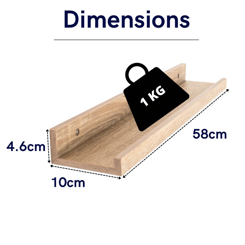 Dura Floating Display Shelf, Lipped Design, Foil-Wrapped Finish, 4.6cm H x 58cm W x 10cm D, Oak