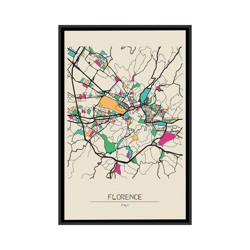 Florence, Italy Map by Ayse Deniz Akerman - Floater Frame Print on Canvas, Black Floater Framed, 66.04 cm H x 45.72 cm W