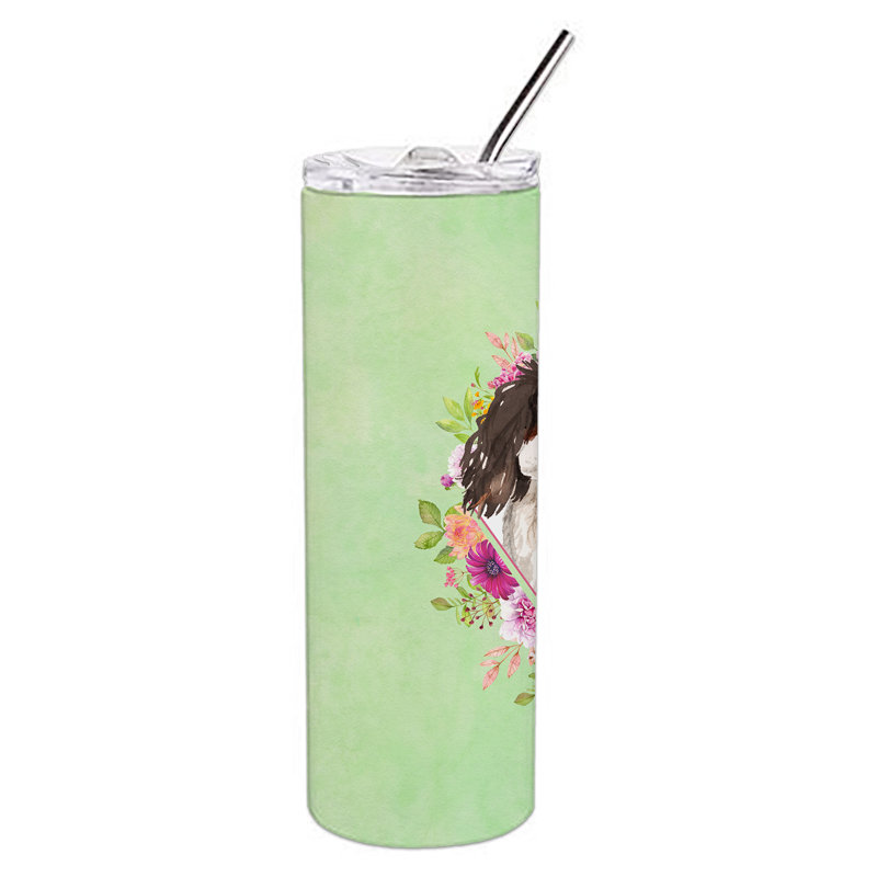 E23BF9F8391D466E9CA4F8DFEBD9A7DB de verre 20 oz à double paroi en acier inoxydable chiot, Épagneul cavalier tricolore, Vert