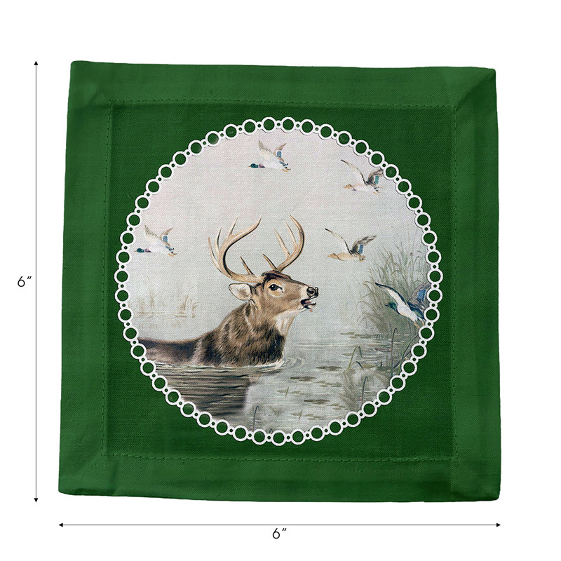 English Stag Cotton Sateen Cocktail Napkins, Green