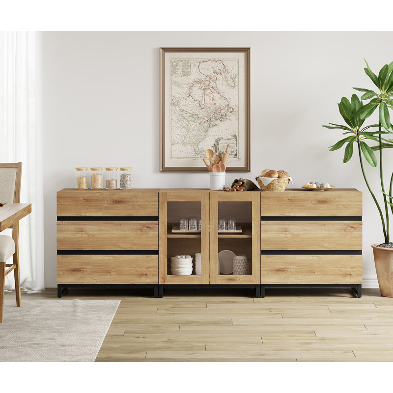 Buffet 3 en 1 multifonctionnel avec 6 portes en verre, crédence moderne avec tablette ajustable et base en métal, armoire de rangement pour bar, salon, cuisine