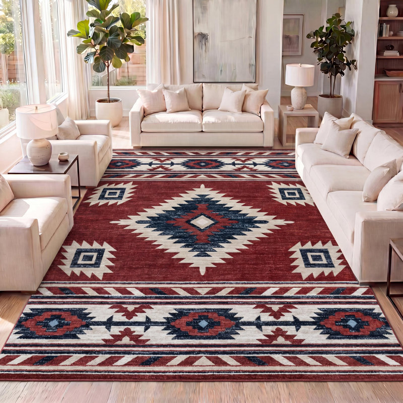 Herdis Medallion Southwestern Red/Navy/Cream Rug, Rectangle 4' x 6'