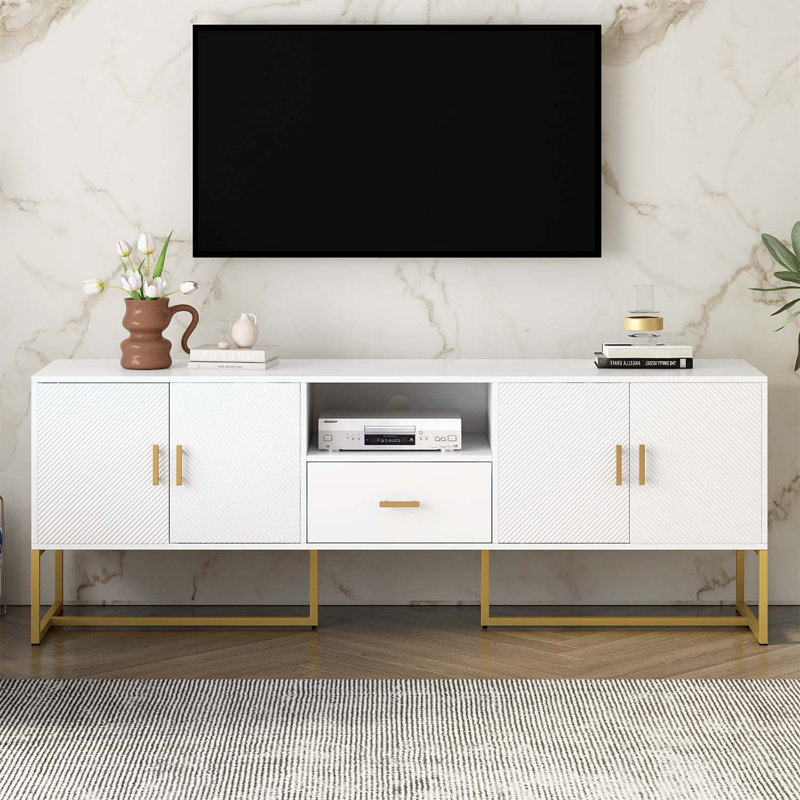 Console avec 1 tiroir, 2 armoires et pieds en métal, Blanc / Doré, Blanc
