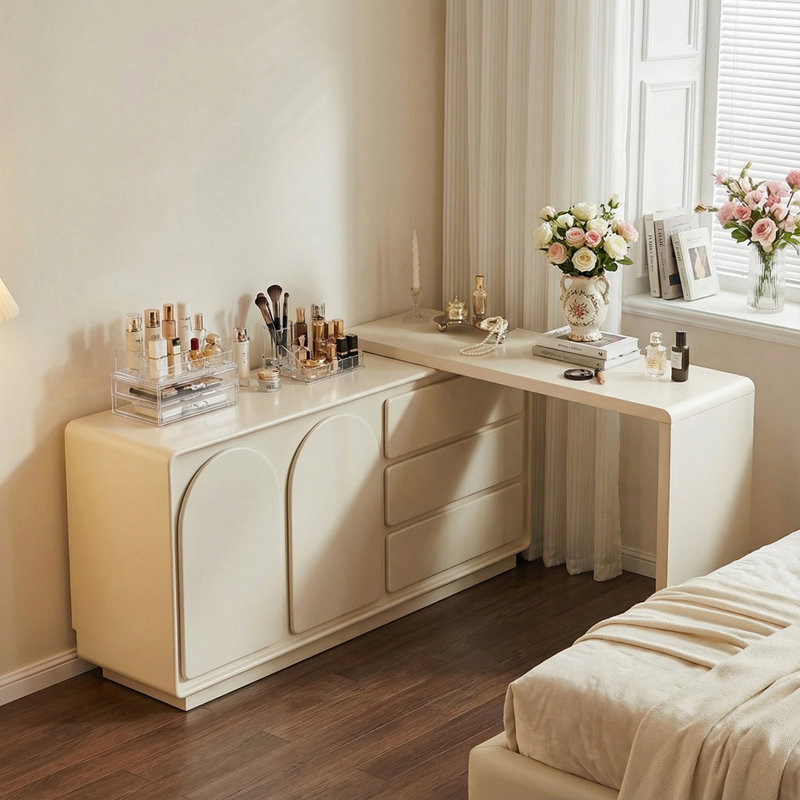 Extendable Cream Makeup Vanity, 55.1"–110" Piano Gloss Dressing Table with Storage & Rotating Shelf 