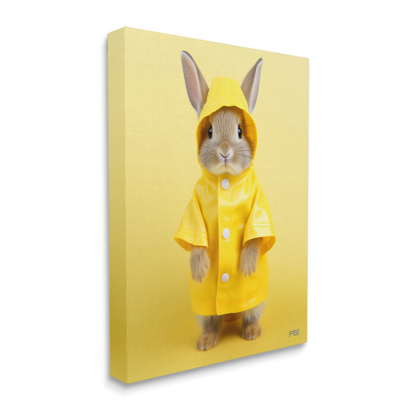 "Lapin en manteau de pluie" par RB sur toile, H 30 po x l 24 po