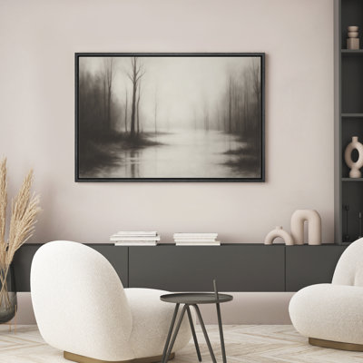 Art mural «Bare Trees and River» - paysage de forêt brumeux, scène de nature sereine encadrée pour un décor moderne ou nordique