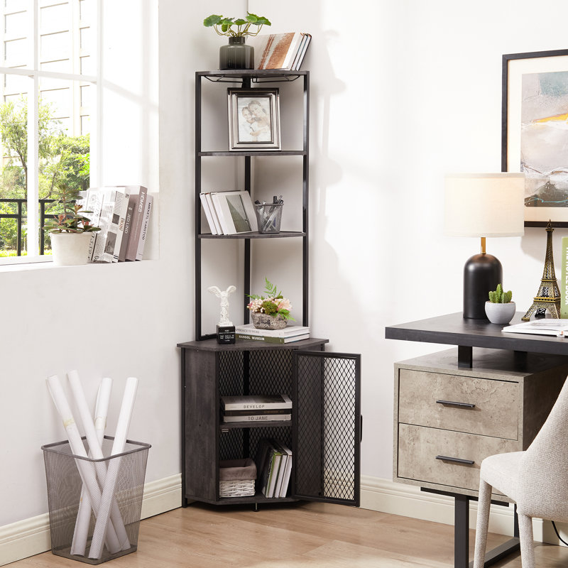 Pittard 22.2'' Wine Bar Triangle 5 Tier Bar Cabinet with Wine Glass Rack and Storage Cabinet, Charcoal Gray