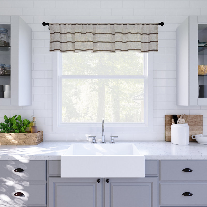 Clean Window Aso Twill Stripe Linen Blend Sheer Rod Pocket Kitchen Curtain Valance, Mocha