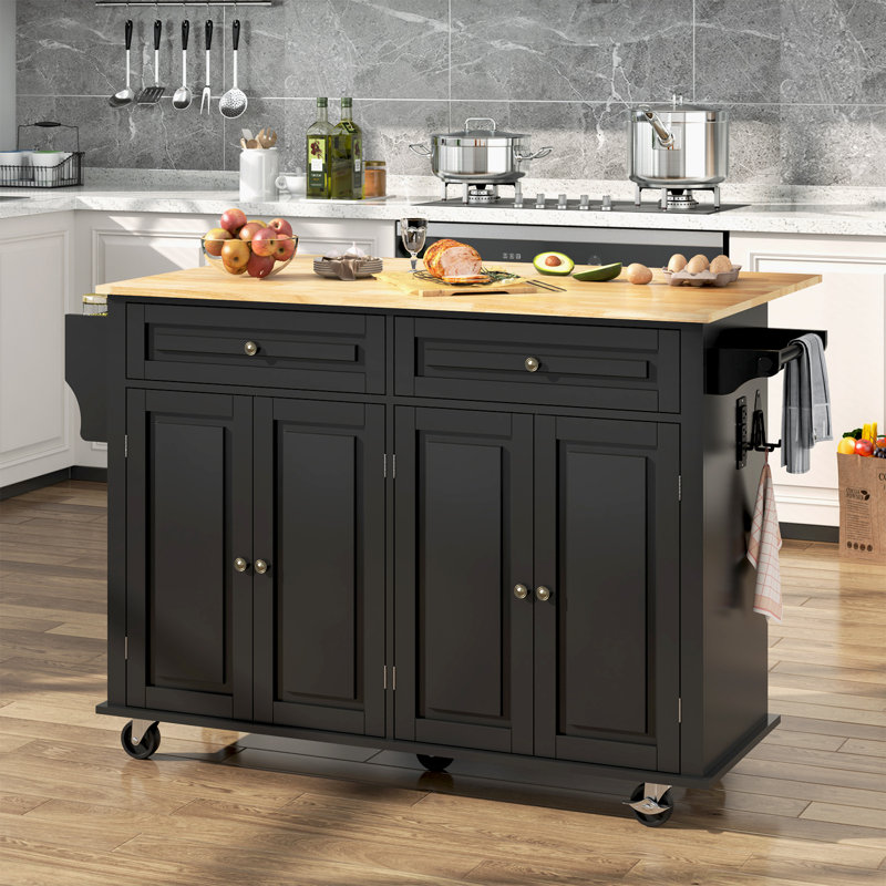 55" Movable Kitchen Island With Drop Leaf And Power Outlet, Rolling Island Cart With Storage Cabinet And 2 Drawers, Black