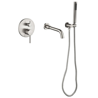 Contemporary 7.28" Wall Mounted Bathroom Tub Faucet in Brushed Nickel, Lead-Free Solid Brass with Hand Shower