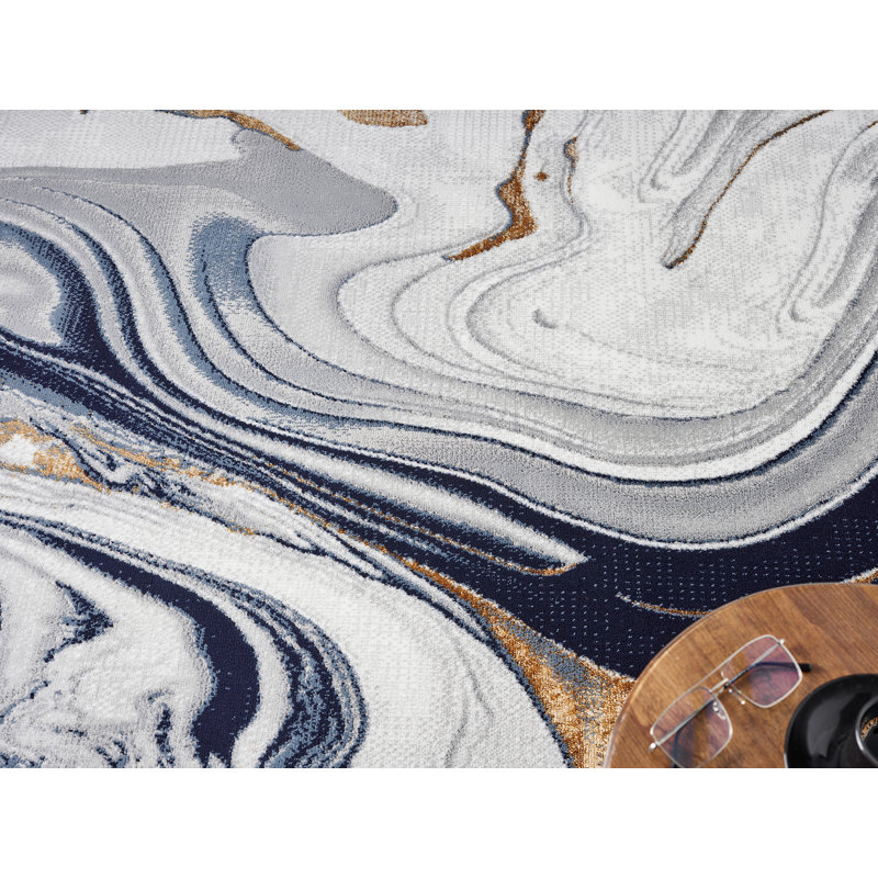 Modern Abstract Area Rug Swirls Contemporary Marble Colorful Carpet For Living Room Bedroom With Gold Lurex Accents, Blue