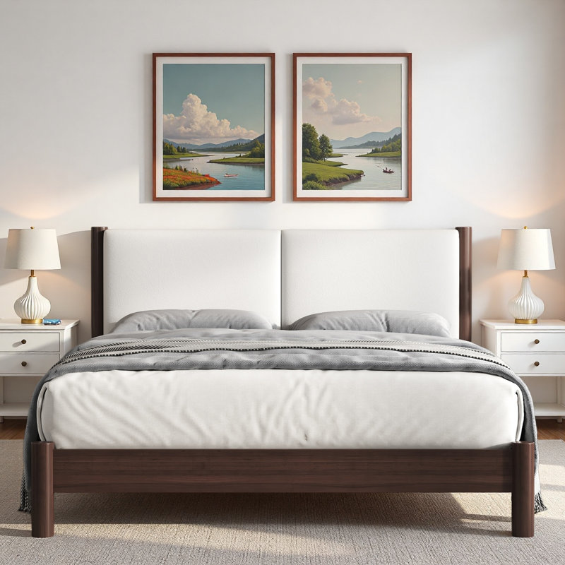 Lit plateforme en bois avec tête de lit en similicuir, Grand lit