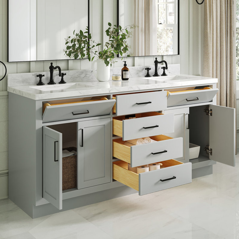 Tidworth Solid Wood Double Bathroom Vanity with 1.5'' Carrara Marble Top, Gray, 73", Rectangular