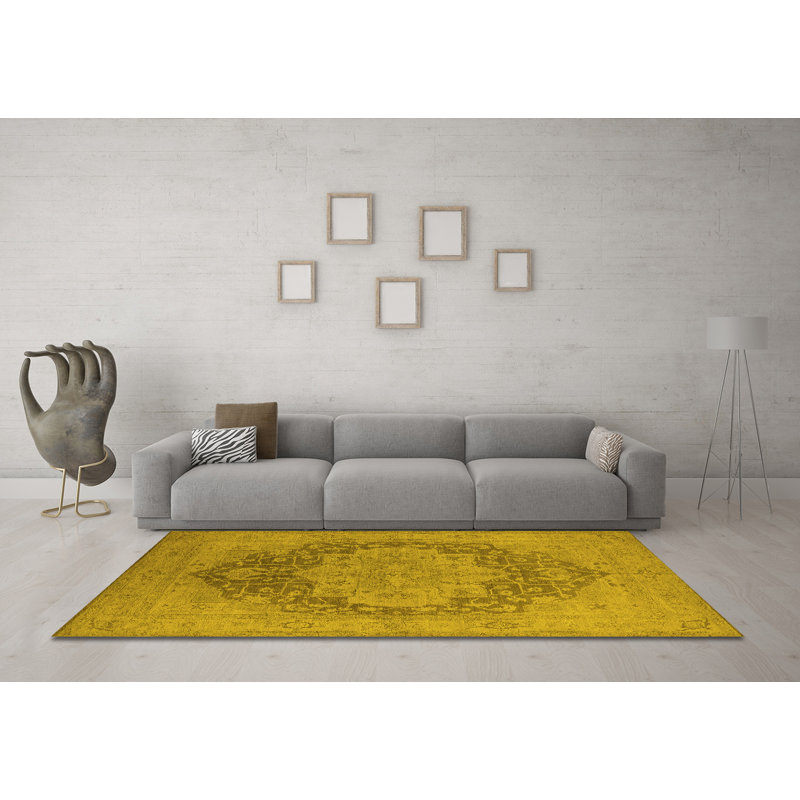 Tapis jaune lavable à la machine Mccayla Mid-Century Modern 1128, Carré 7 pi