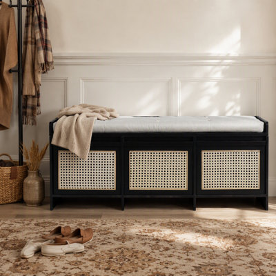 Banc de rangement pour chaussures rétro avec tiroirs en rotin et siège à coussin capitonné