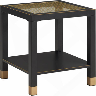 Square Side Table with Shelf, Boho Style Side Table for Living Room, Tempered Glass End Table with Metal Frame, Nightstand for Bedroom, 2-Tier, Black