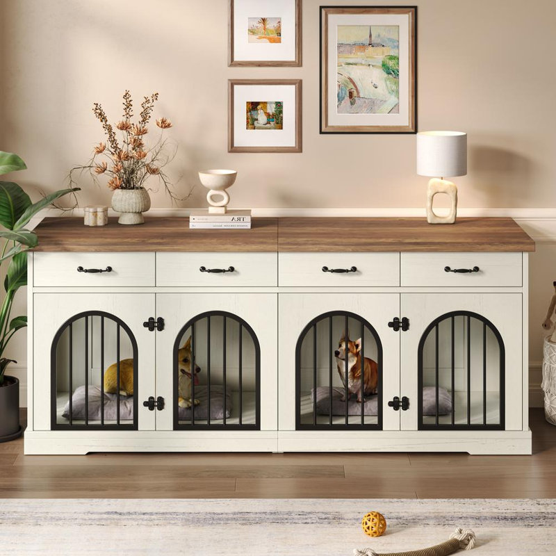Grand meuble télé avec 4 portes, cloison amovible et rangement pour 2 chiens de taille moyenne / petite