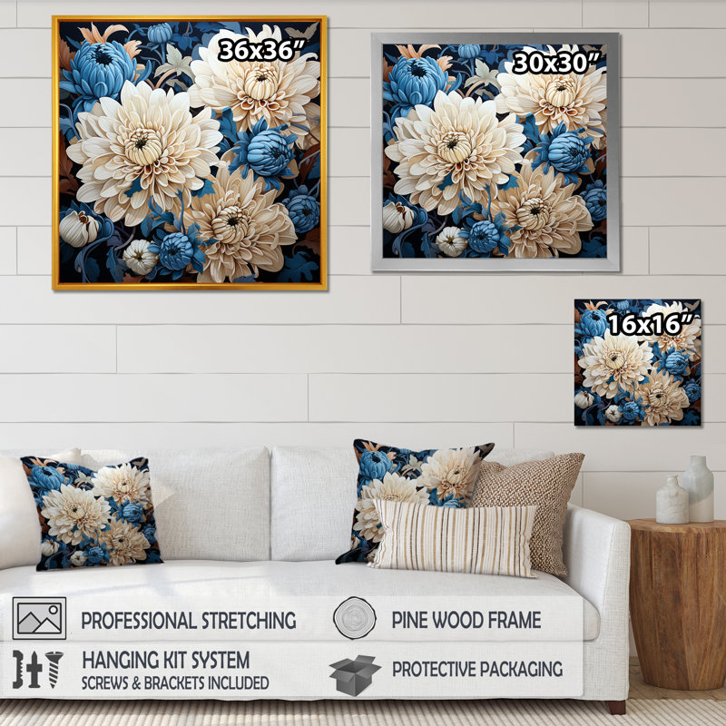 «Pure White and Blue Chrysanthemums Mosaic I», reproduction sur toile, H 16 po x l 16 po, Cadre flottant blanc