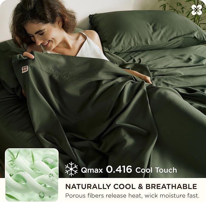 Bedsure 100% Organically Grown Bamboo Viscose Sheets - 18 Inches Deep Pocket Sheets With Elastic Corner, Queen Sheet Set, -Soft, Silky & Cooling Bedsheets, Oeko-Tex, 4 Pieces, Olive Green