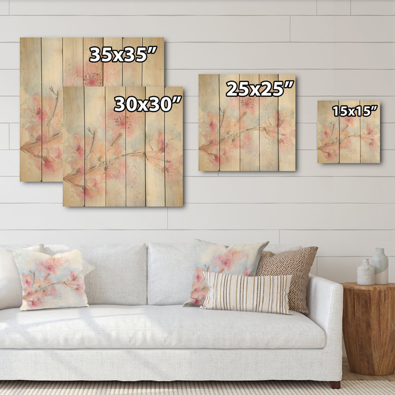 «Pink Blossoms Branch - Shabby Elegance», reproduction d'art murale en bois, H 30 po x l 30 po x P 1 po