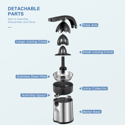 Brushed Stainless Steel Electric Citrus Juicer, 2 Interchangeable Cones for Oranges, Lemons & Grapefruit – Easy Clean, Durable Design for Effortless Juicing