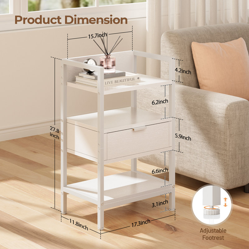 Night Stand With Charging Station, LED Nightstand With Storage Shelf & Wooden Drawer, 3-Tier Bedside Table For Bedroom, End Table Living Room, Small Space, White