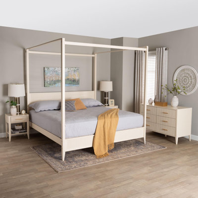 Ensemble de chambre à coucher 4 pièces pour grand lit en bois cannelé Wooley