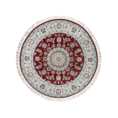 Tapis oriental rond 5 pi x 5 pi rouge en forme de rhubarbe Nain avec médaillon de fleurs, noué à la main, 250 KPSI, velours doux en laine et soie