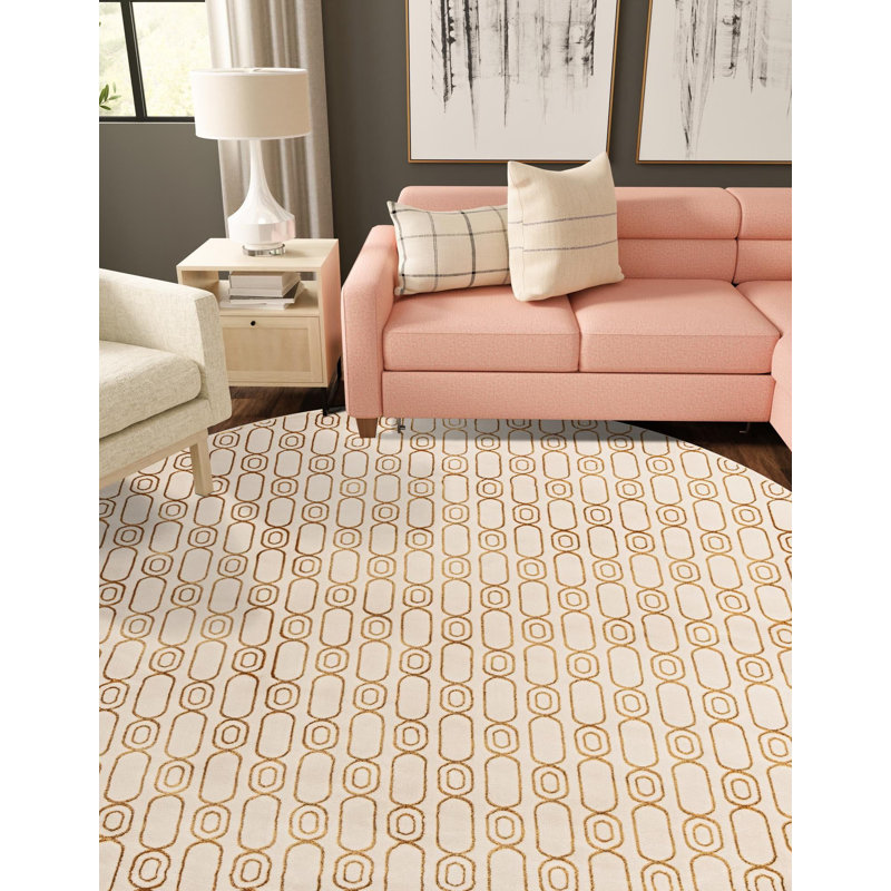 Tapis contemporain blanc et doré Vincente, Rond 3 pi 1 po