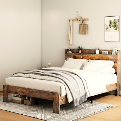 Queen Size Bed Frame, Wood Platform With Storage Led Headboard And Charging, Noise - Less Usage Scenario, No Box Spring, Effortless Assembly Flow, Spacious Under Area, Dark Brown 2 Outlets, Design,