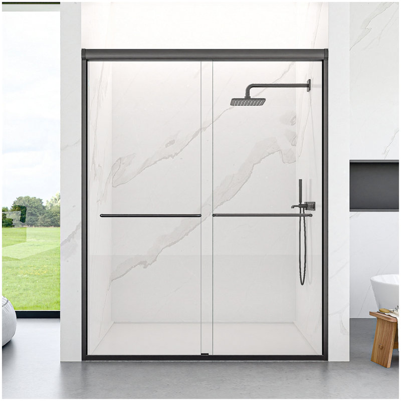 56"-60"W*72" H Semi-Frameless Double Sliding Shower Door, Bypass Shower Door, 1/4" (6mm) Thick SGCC Tempered Glass Door, Matte Black